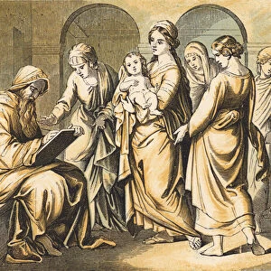 Zacharias naming John the Baptist (coloured engraving)
