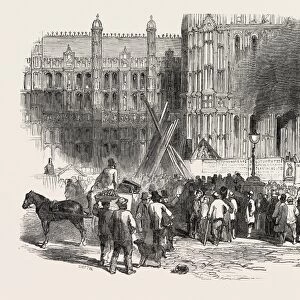 Fire in the Clock Tower of the New Houses of Parliament, London, Uk, 1851 Engraving