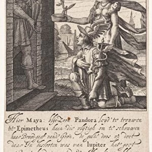 Pandora and Epimetheus, print maker: Pieter Serwouters, 1601 - 1657