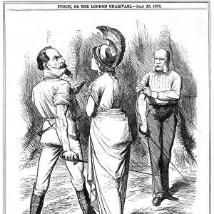 Britannia trying to restrain Napoleon III from embarking on war with Germany, 1870. Artist: John Tenniel
