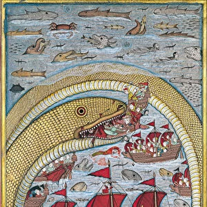 Sea serpent swallows the royal fleet, 1670. Artist: Indian Art