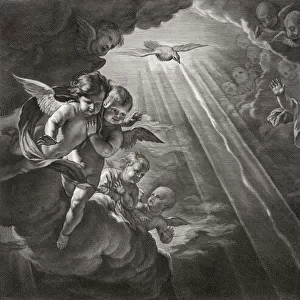 A choir of angels in the heavens with the Holy Spirit symbolized by a dove descending. From a 17th century engraving by Nicolas Pitau after a work by Philippe de Champaigne