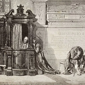 Confession In An Italian Catholic Church. 19Th Century Illustration. From El Mundo Ilustrado, Published Barcelona, Circa 1880