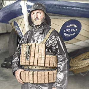 Lifeboat Coxswain with cork lifebelt from magic lantern slide circa 1900. Hand-coloured portrait of National Lifeboat Institution boat and coxswain