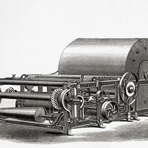 Slasher sizing machine, used for strengthening the warp by adding starch to reduce breakage of the yarns, built by J. Harrison & Sons. From A Concise History of The International Exhibition of 1862, published 1862