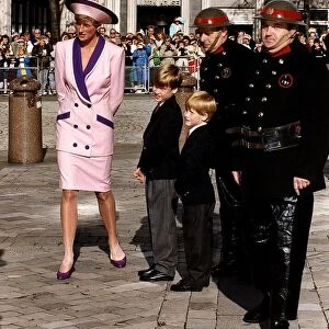 Diana, Princess of Wales with her sons Princes William and Harry at a memorial service to