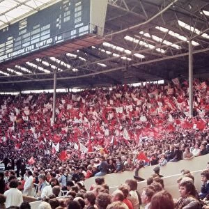 FA Cup Final 1977 football fans Liverpool v Manchester United supporters with banners