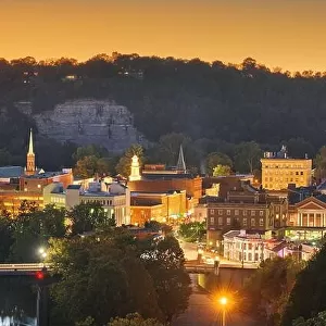 Frankfort, Kentucky, USA town skyline on the Kentucky River at dusk