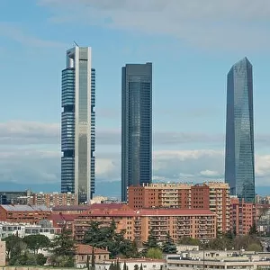 Madrid cityscape at daytime. Landscape of Madrid business building at Four Tower. Modern high building in business district area at Spain