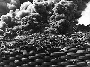Major blaze at waste tyre dump, Mitcham, Surrey